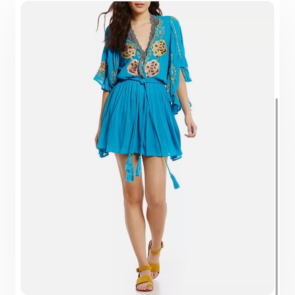 NWT Free People Cora Embroidered Mini Dress in Turquoise Size Large - Picture 13 of 16